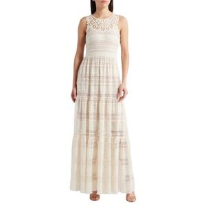 Eliza J Cream Natural Mixed Media Embroidered Lace Maxi Dress Size 4